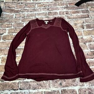 Silver Jeans Co Womens‎ Burgundy Lace Trim Long Sleeve Boho Tunic Top XL TG
